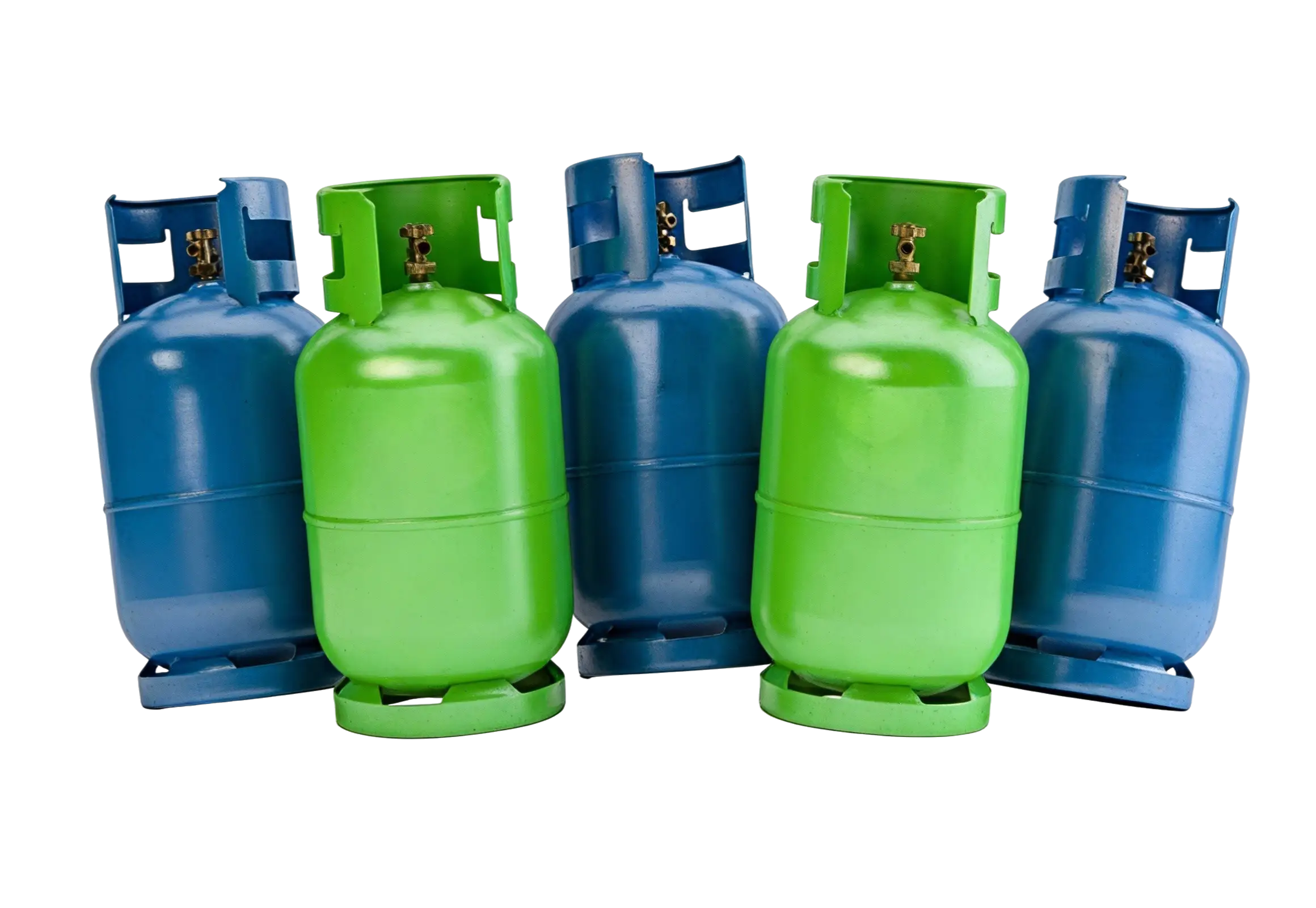 Bouteilles de gaz colorées alignées.